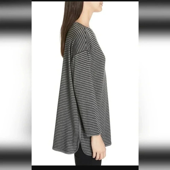 Eileen Fisher organic BOAT-NECK STRIPED TOP,  IN ASH/BLACK - Picture 2 of 8